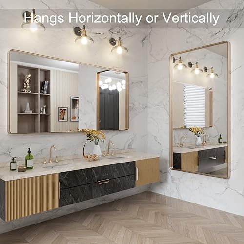 Miniatura 236 de LOAAO - Espejo de tocador para baño con marco de metal negro mate de 24 x 32 pulgadas para pared, rústico, rectangular, grande, redondeado