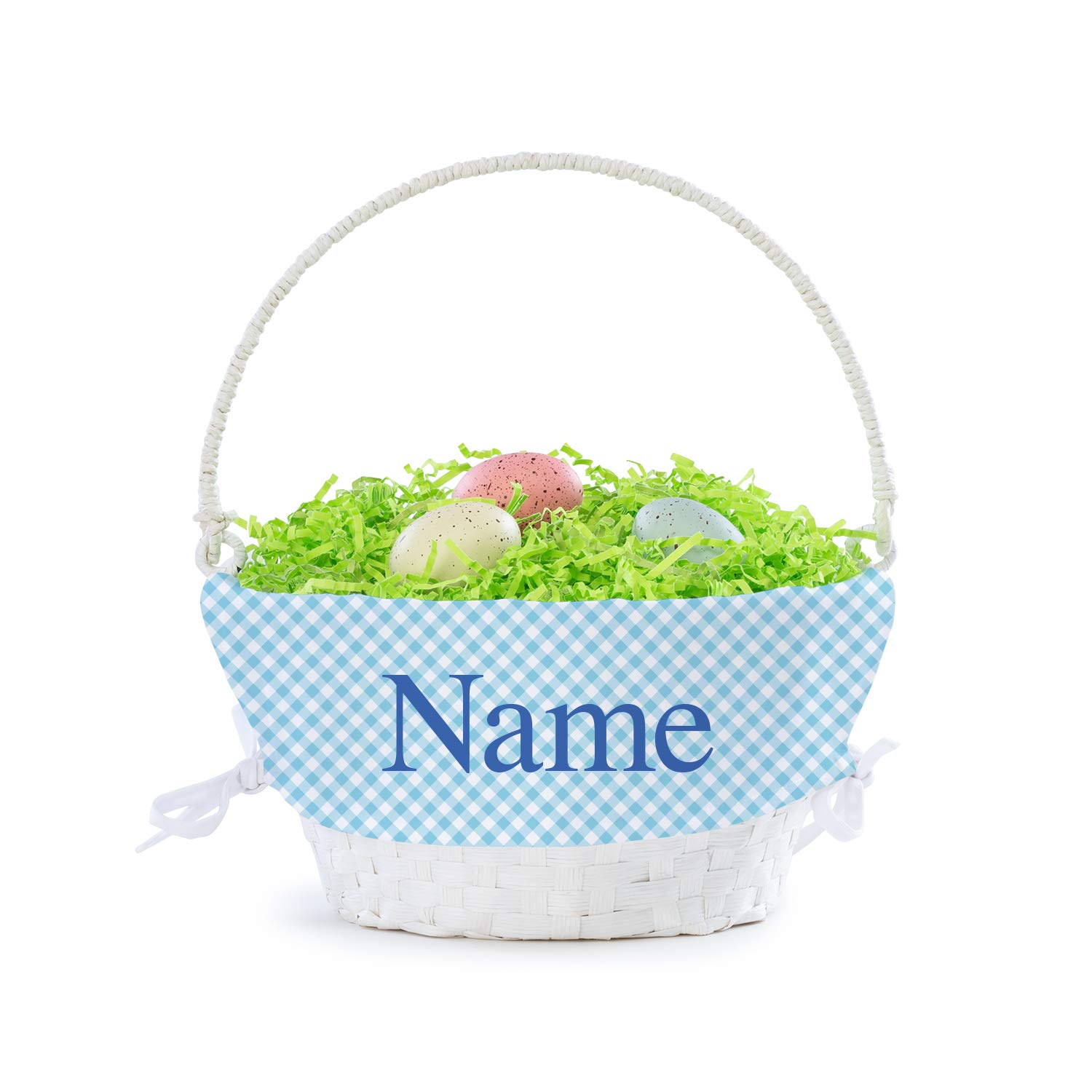 Personalized Easter Egg Basket with Handle and Custom Name | Blue Gingham Easter Basket Liners | White Basket | Woven Easter Baskets for Kids and Adults | Customized Easter Basket | Gift for Easter