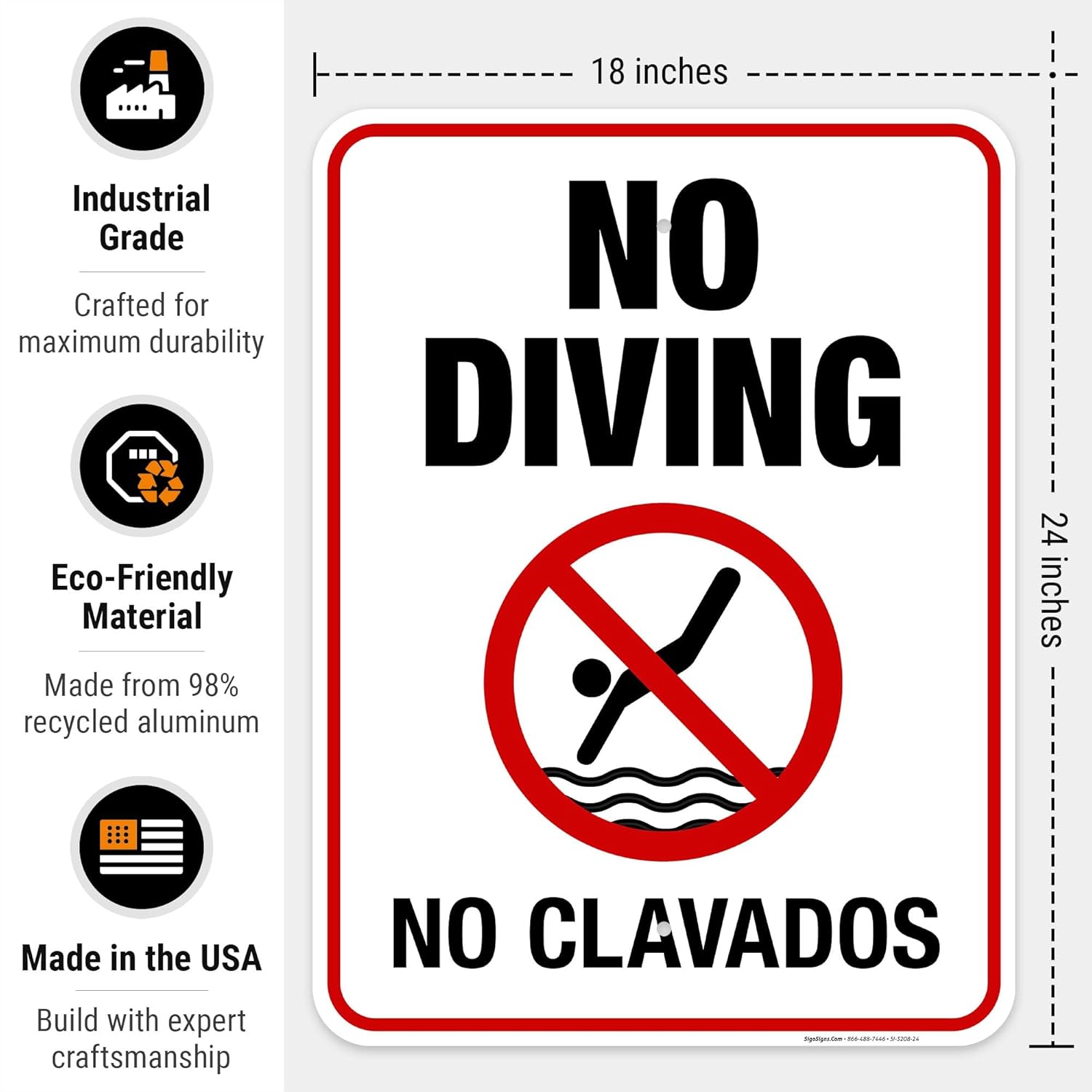 No Diving Sign, Bilingual English Spanish, 18x24 Inches, Rust Free .063 Aluminum, Fade Resistant, Easy Mounting, Indoor/Outdoor Use, Made in USA