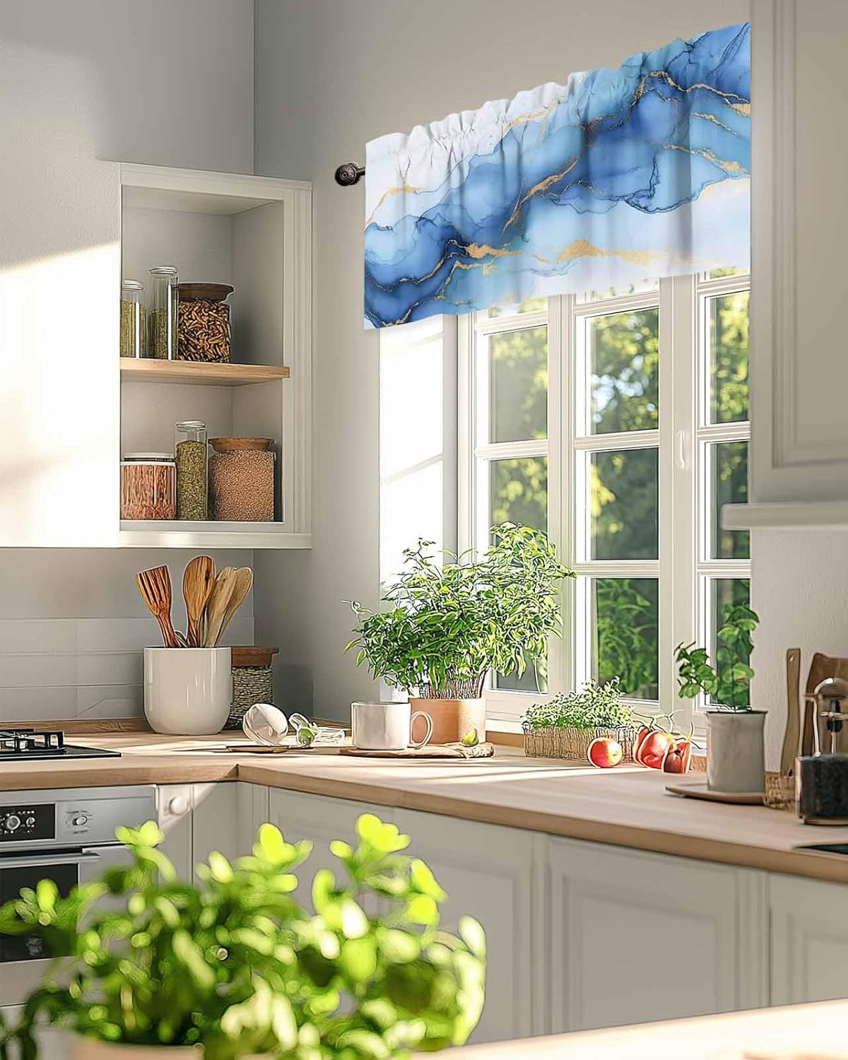 Abstract Art Blue Valance Curtain for Kitchen Blue White Gradient Marble Texture Modern Rod Pocket Tier Curtains Window Treatments for Kitchen Bathroom Bedroom,60x18In