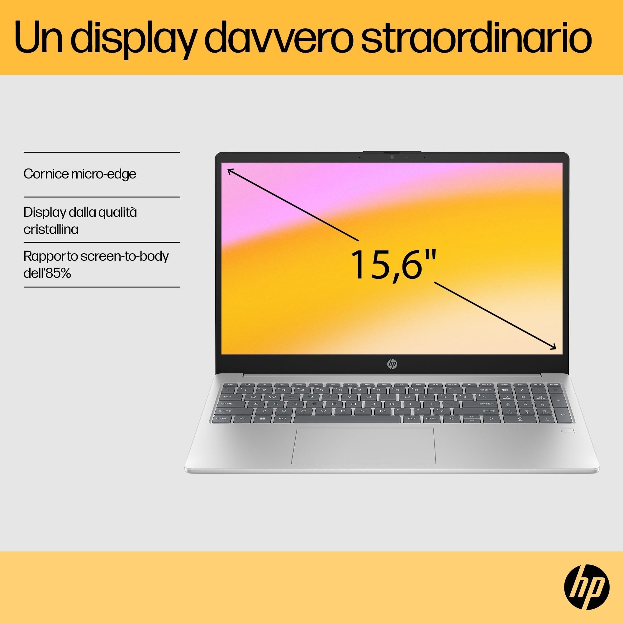 HP Laptop 15-fc0021sl, PC Portatile 15", Display FHD, Notebook, (AMD Ryzen 7 7730U, RAM 16GB, SSD 1TB, Windows 11), Computer Portatile, Uso quotidiano, Tastiera Italiana, QWERTY, Argento