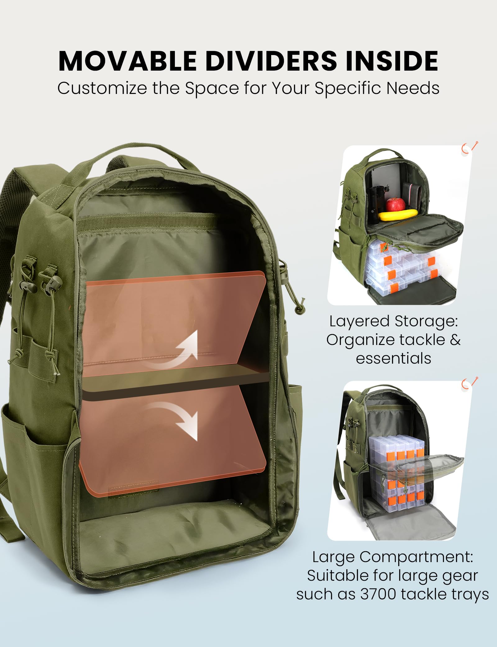 SKYSPER Zaino da Pesca 40L,Borsa Pesca con Cinghia Imbottita Zaino Tattico Militare Molle