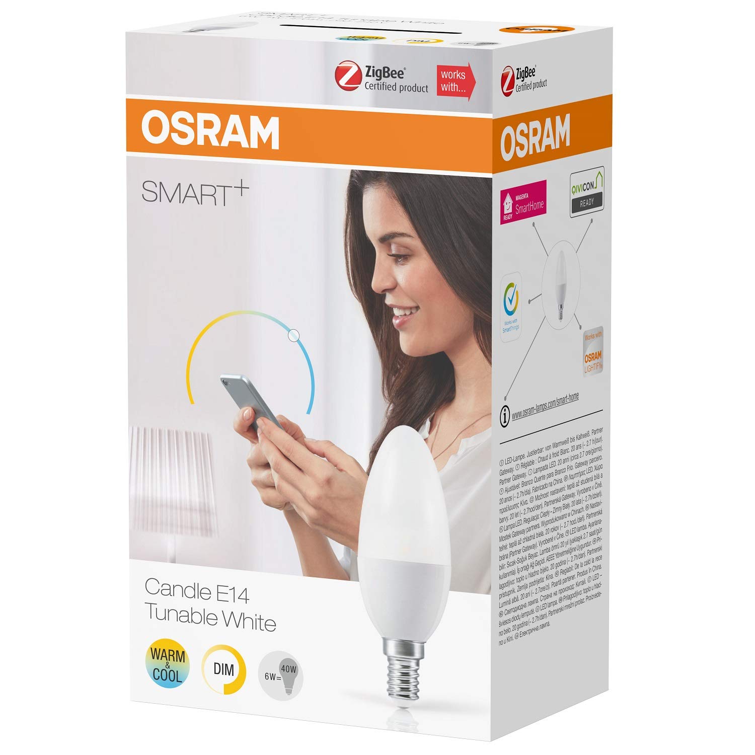Osram Smart+ LED, ZigBee Lampe mit E14 Sockel, warmweiß bis tageslicht (2700K - 6500K), dimmbar, Direkt kompatibel mit Echo Plus und Echo Show (2. Gen.), Kompatibel mit Philips Hue Bridge
