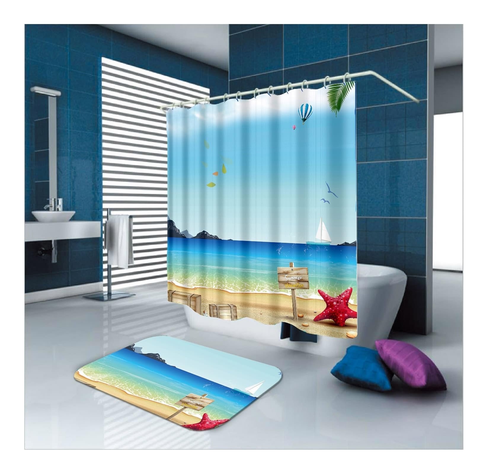 Rideau de douche motif montgolfière et plage pour évader votre salle de bain