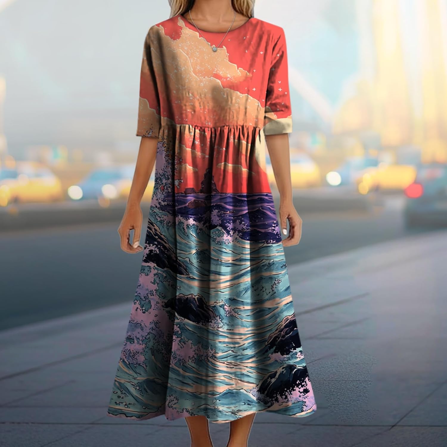Women's 2025 Summer Floral Boho Dress Plus Size Crew Neck A Line Tunic Sundress Beach Long Maxi Trendy Outfits - Image 2