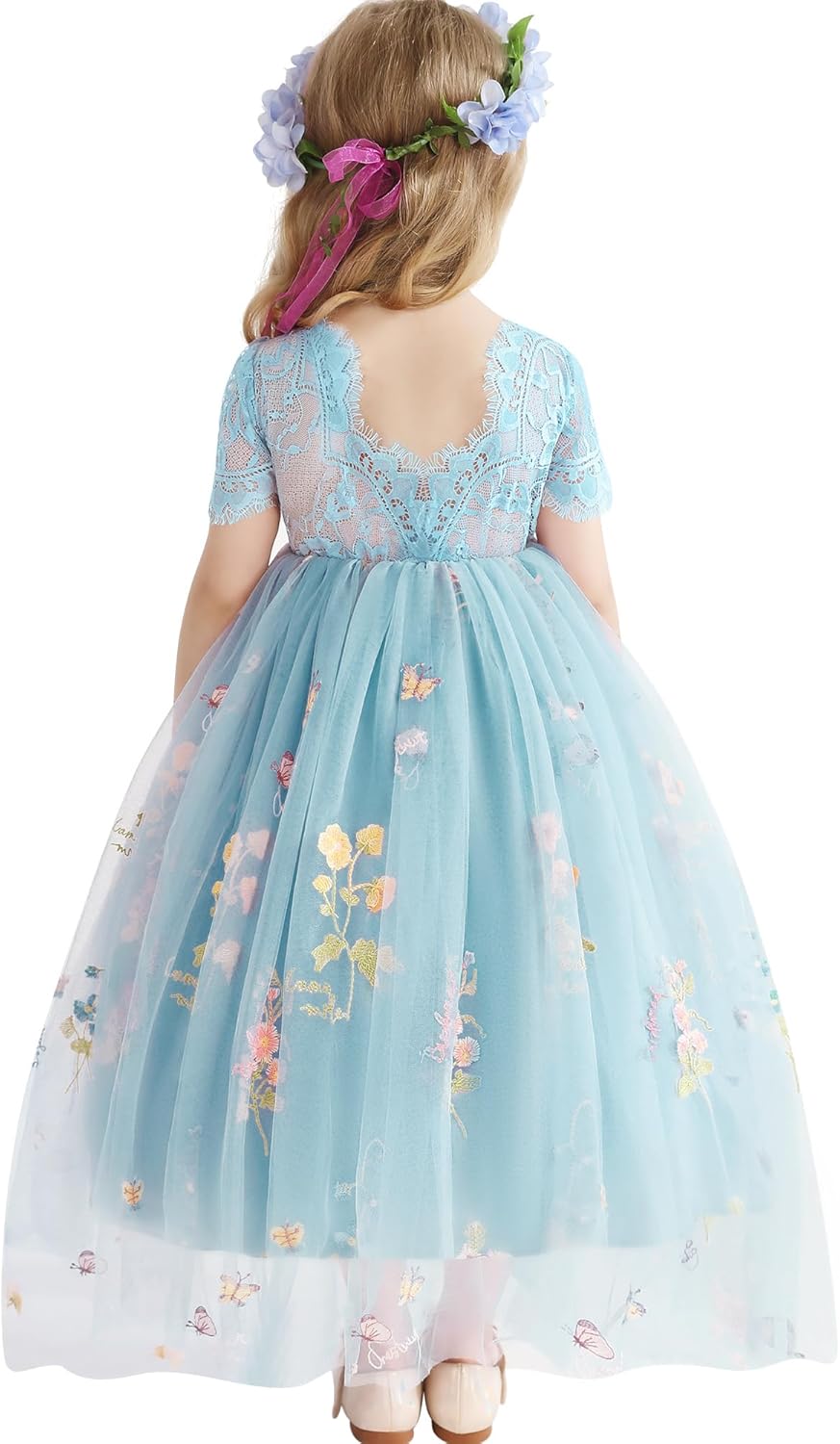 Flower Girl Lace Back V-Neck Dress Full-Length Floral Embroidered Toddler Tutu Tulle Dresses for Girls