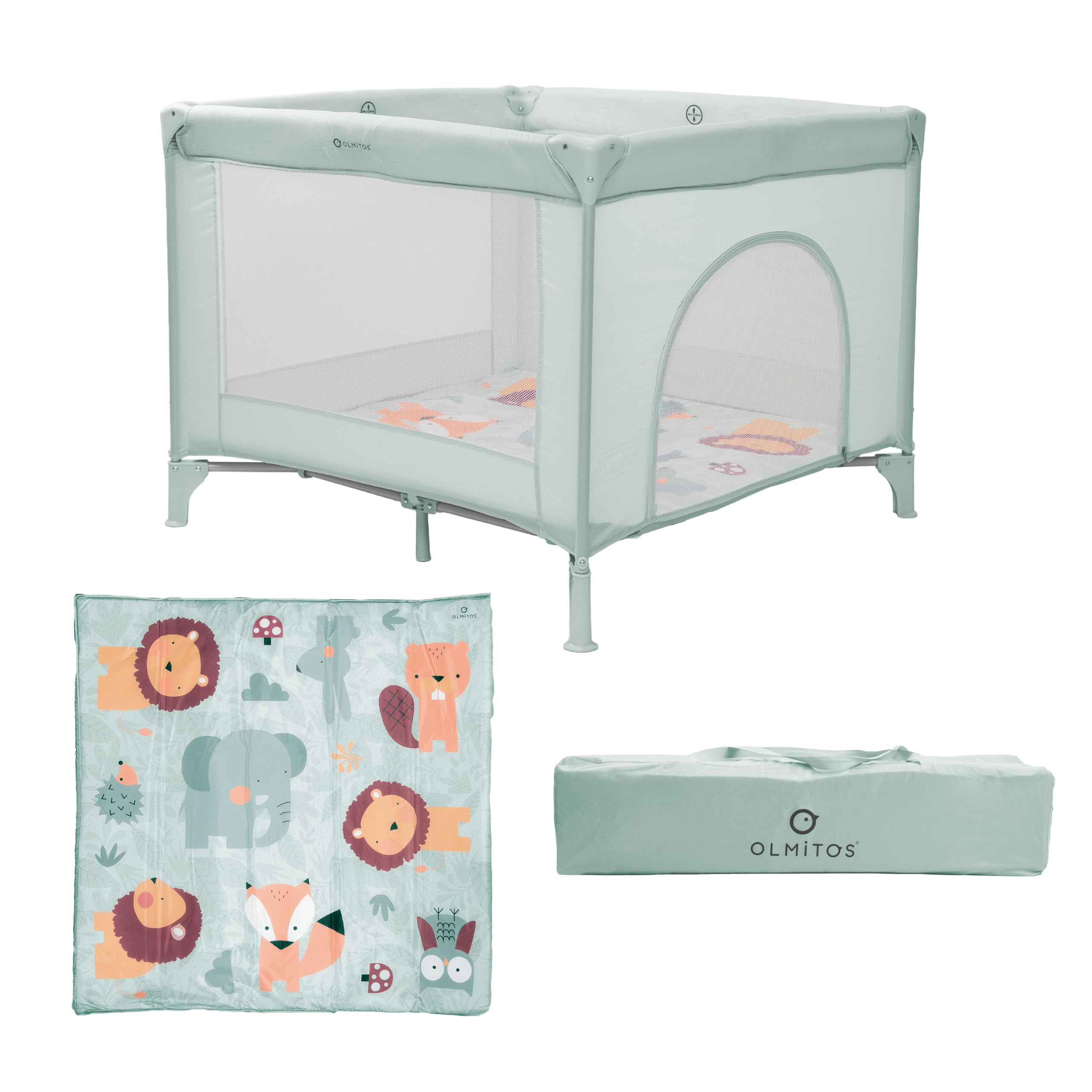 Olmitos Parque Infantil Bebé Cuadrado 100x100 cm | Parque de Juegos con 4 Lados de Red, Plegado Fácil y Puerta de Cremallera, Desde Nacimiento hasta 15kg | Incluye Bolsa y Mosquitera