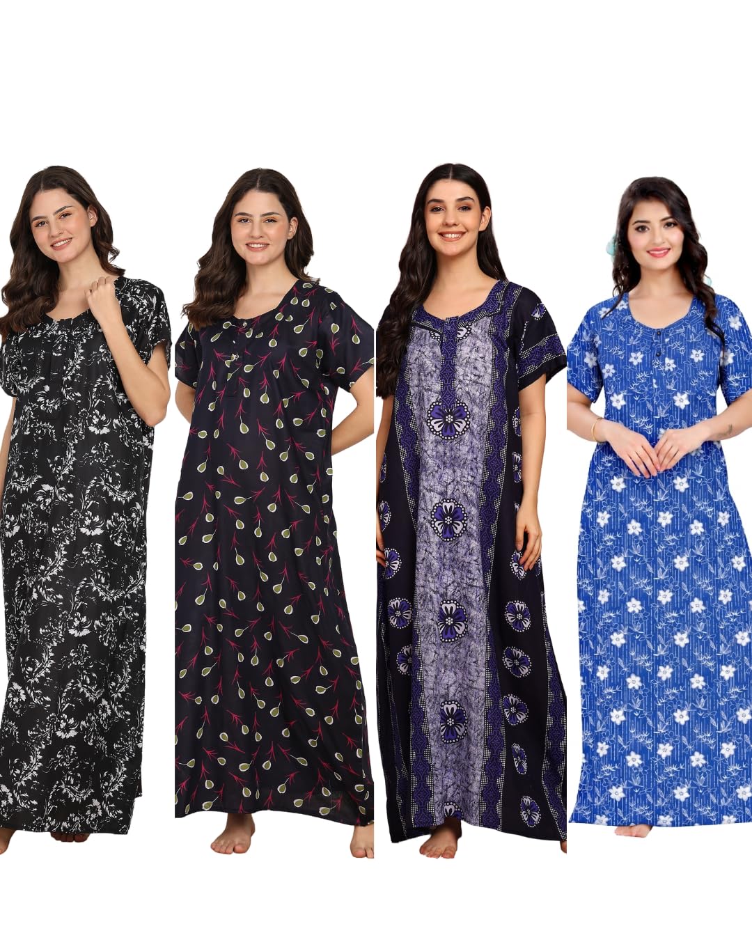 Women's Cotton Printed Nighty - Pack of 4 | Free Size | Soft & Breathable Maxi Gowns Combo-picture-46