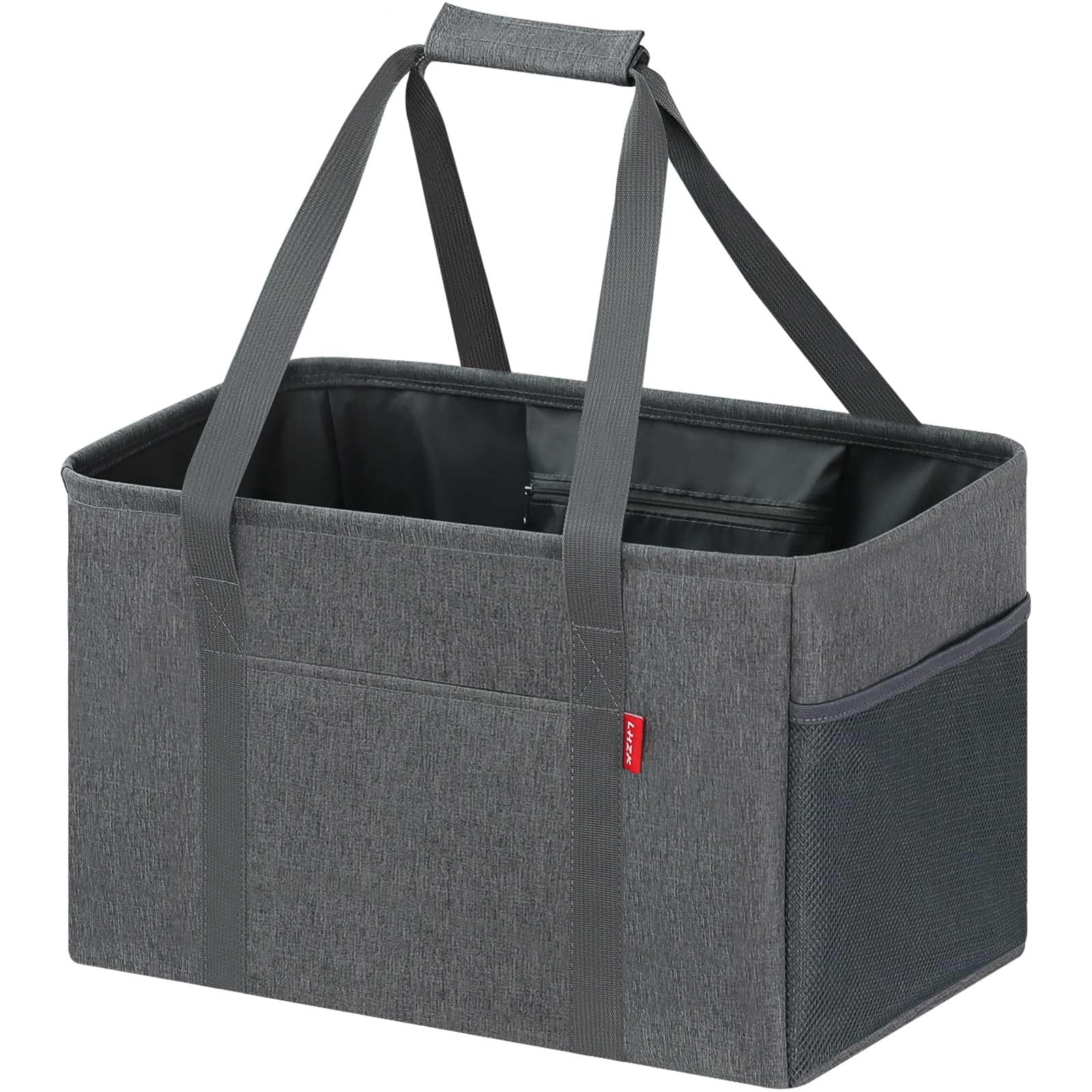 LHZK Standing Utility Tote Bag with Metal Wire Frame and the Sides Rinforced, Large Tote Bag with Handle, Reusable Grocery Bags Foldable, Beach Bag, Car Tote (Grey, 18.5''x11.8''x11.5'')
