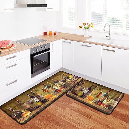 Miniatura 2 de Juego de 2 tapetes de cocina de vino, acolchados y alfombras, alfombra retro impermeable antideslizante para lavandería, decoraciones de vino de 17