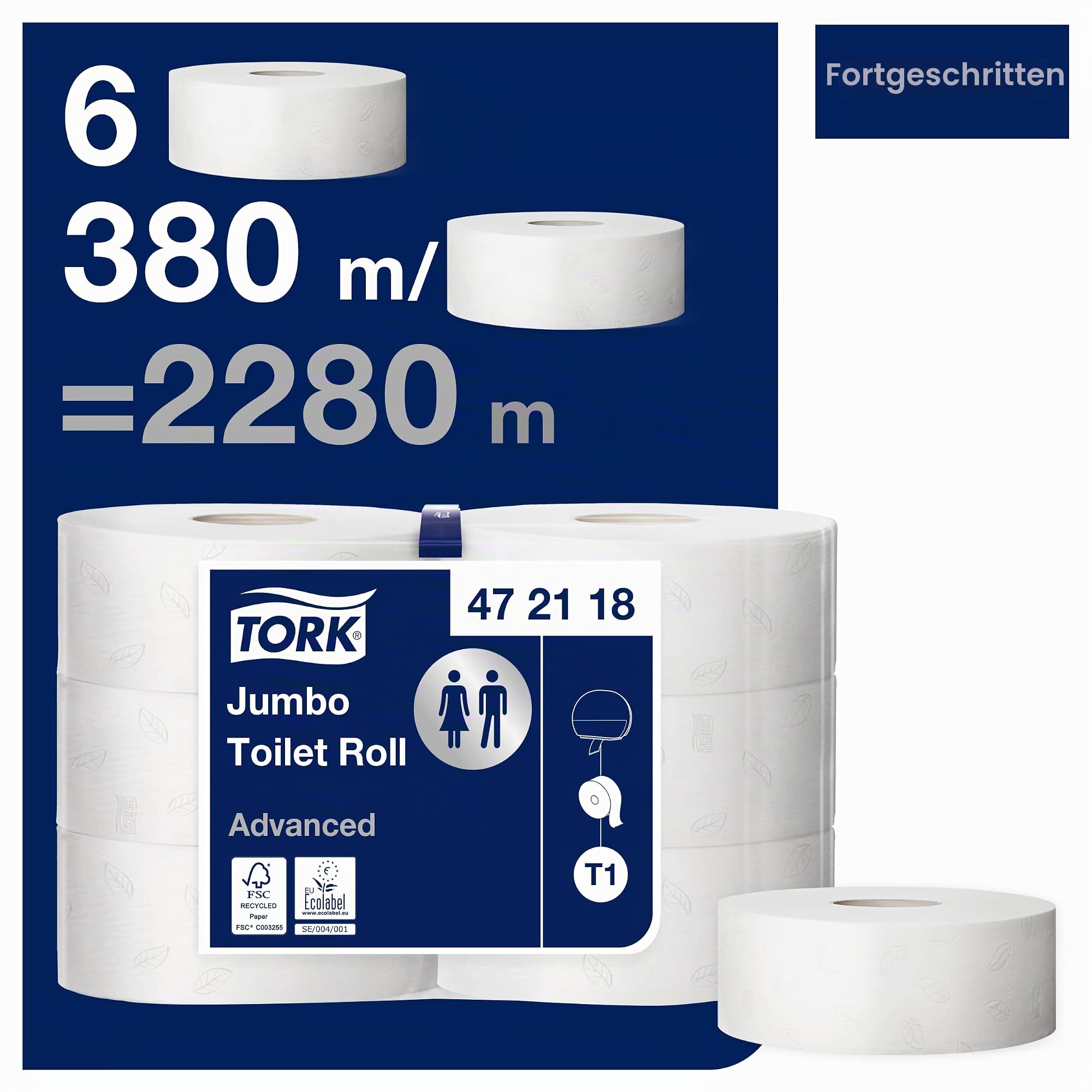 Tork Jumbo Toilettenpapier Weiß T1, Advanced, 2‑lagig, 6 × 380 m, 472118