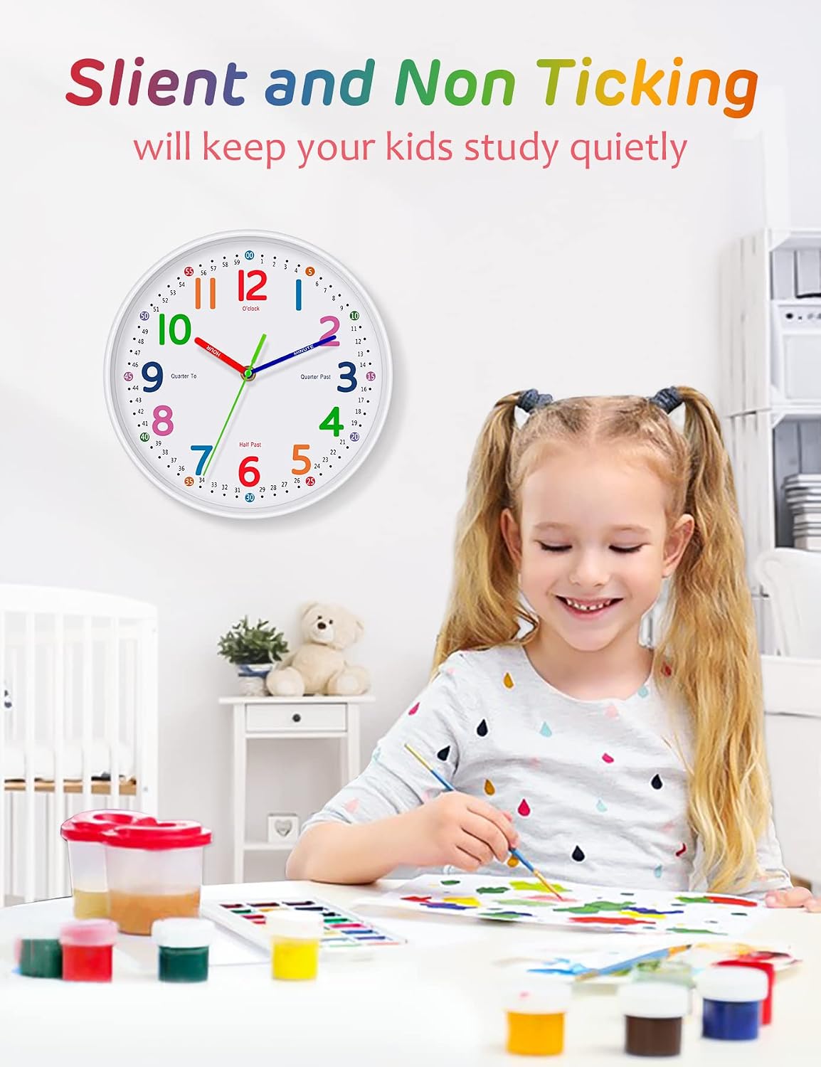 Silent Kids Wall Clock – Non-Ticking, Battery-Powered, Ideal for Teaching Time and Stylish Décor in Any Room - 12 Inch