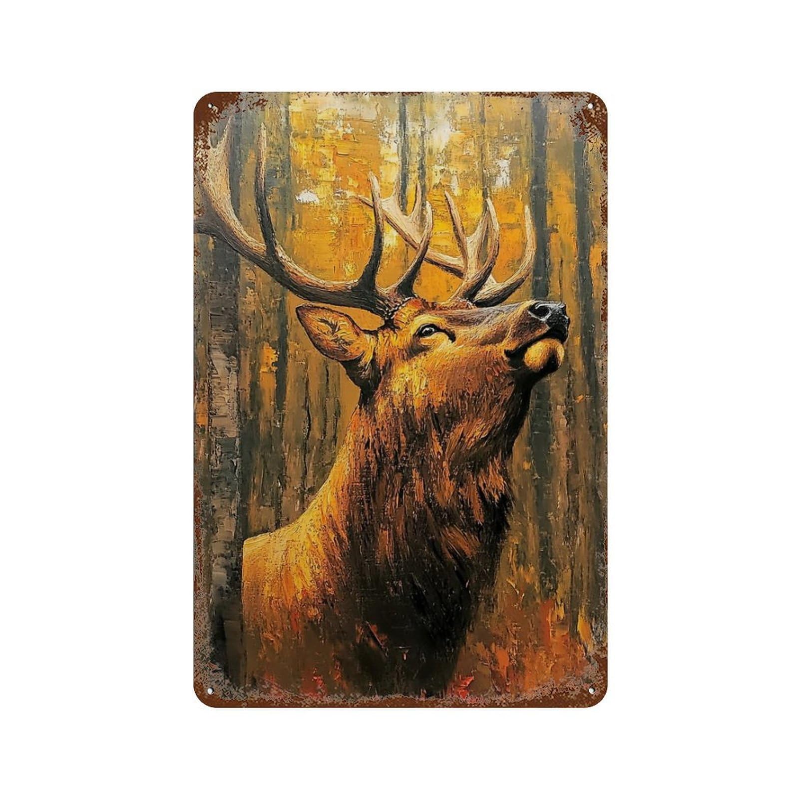 Elk Painting Forest Scene Distressed Metal Wall Sign 11.8"x7.9", Rustic Home Decor for Farmhouse, Kitchen And Entryway Decor