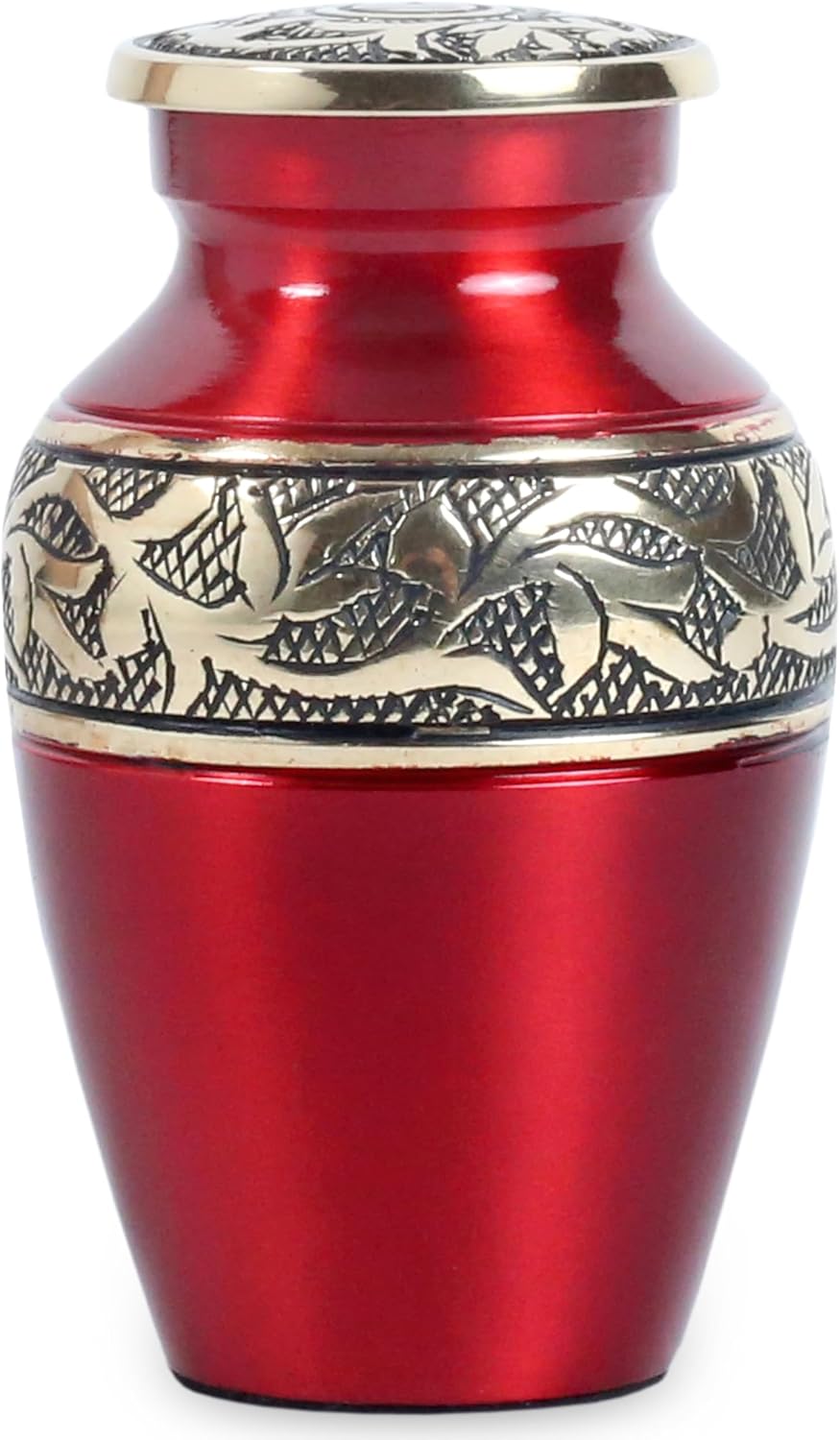 Mini Brass Keepsake Urn for Human Ashes – Handcrafted Red Metal Memorial Urn with Silver Engraved Band – 3 Cubic Inch Small Funeral Cremation Urn for Adult or Pet Ashes with Velvet Bag & Gift Box