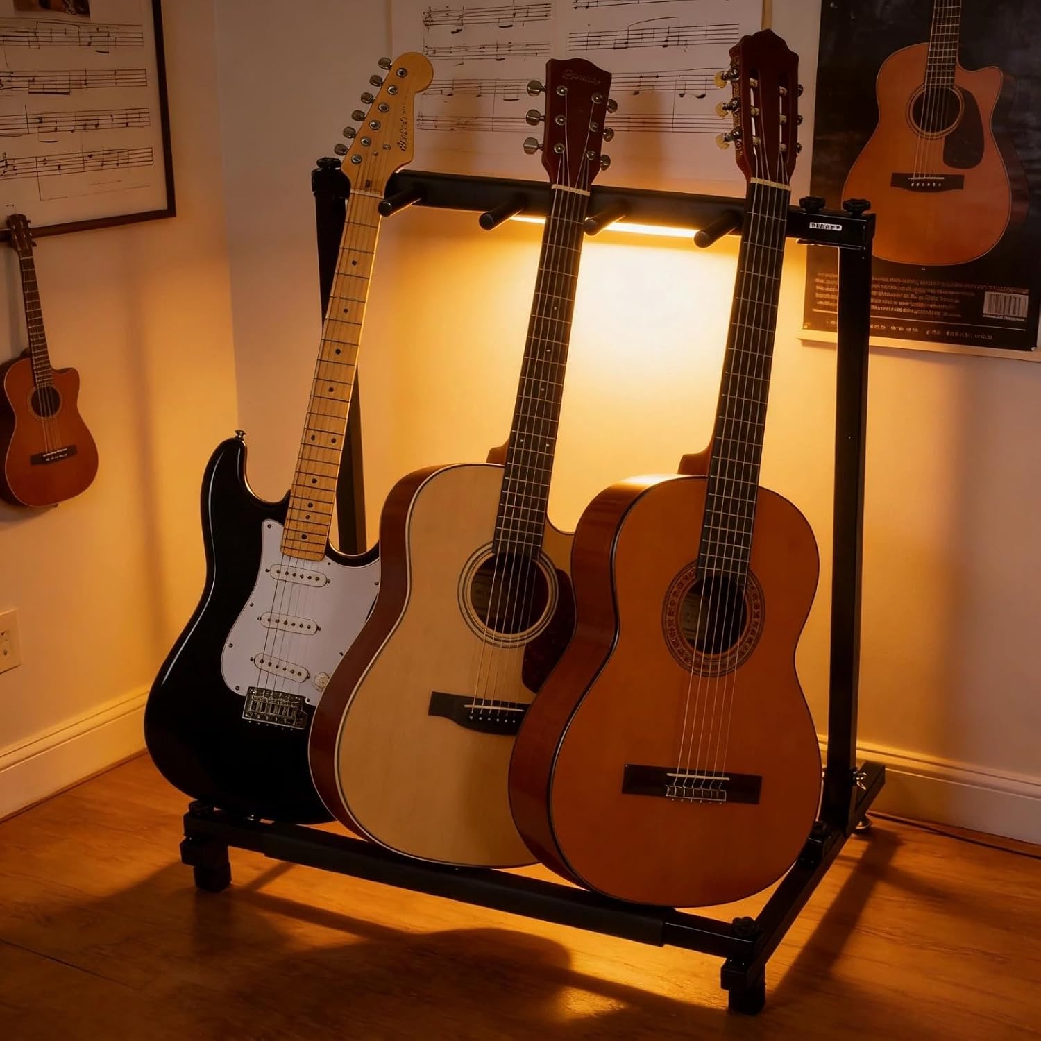 Triple Guitar Stand Rack, Folding Multiple Guitar Holder for 3 Guitars, Heavy Duty Floor Guitar Stand for Acoustic, Electric & Bass Guitars, Black Metal Band Stand