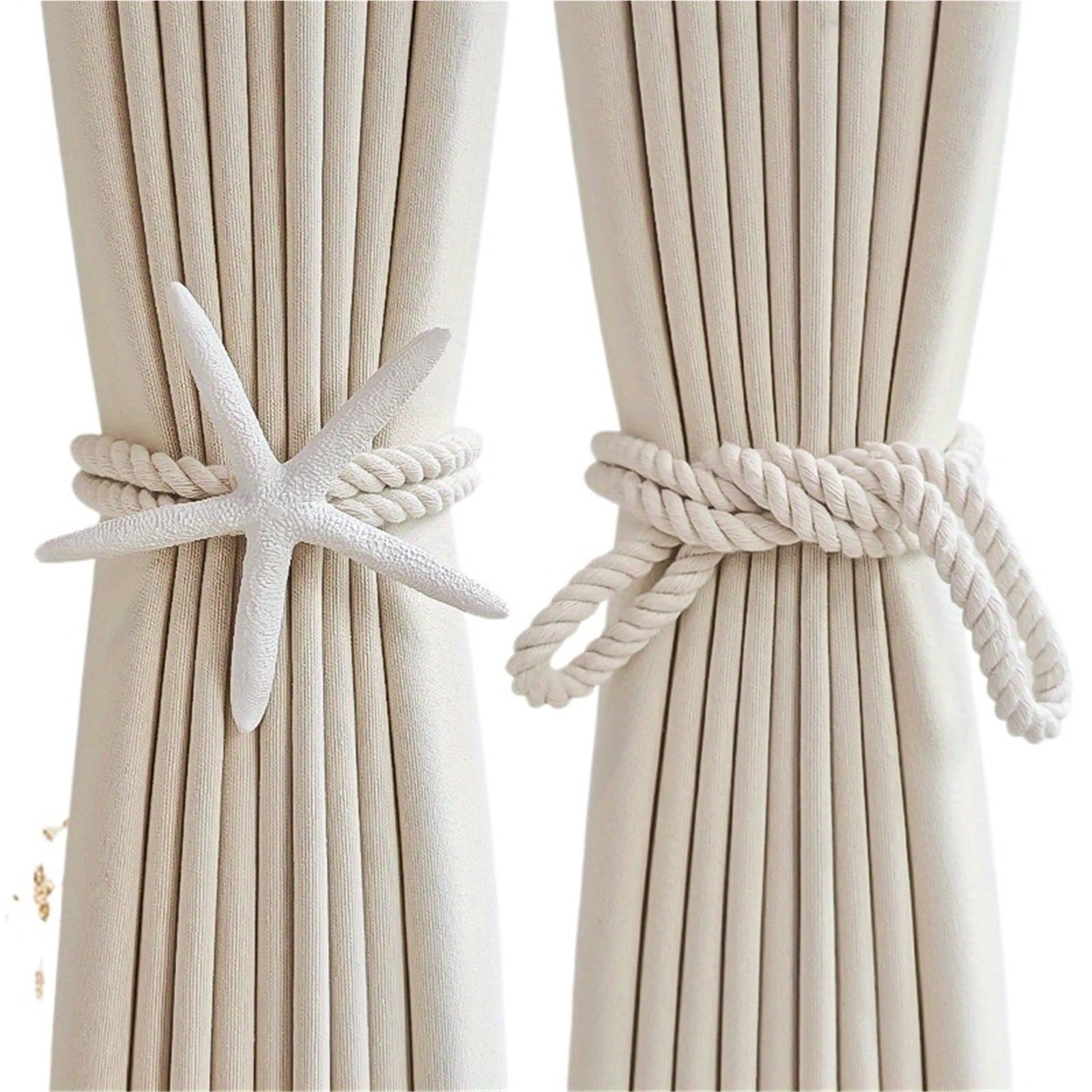 Crochets De Rideaux TresséS BohèMes Embrasses de Rideaux Boho réglables, tissées à la Main, décor d'étoile mer Naturel, Support draperie en Corde Coton et Lin for fenêtre