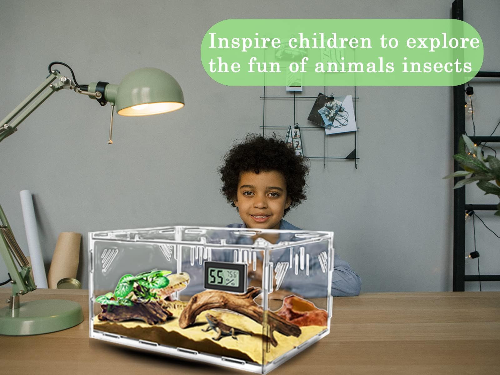 Reptile Terrariums, with Temperature Hygrometer, 15.7"x9.9"x7.1"Acrylic Reptile Breeding Box Terrarium Cage Tank for Small Reptile Insect Home Office