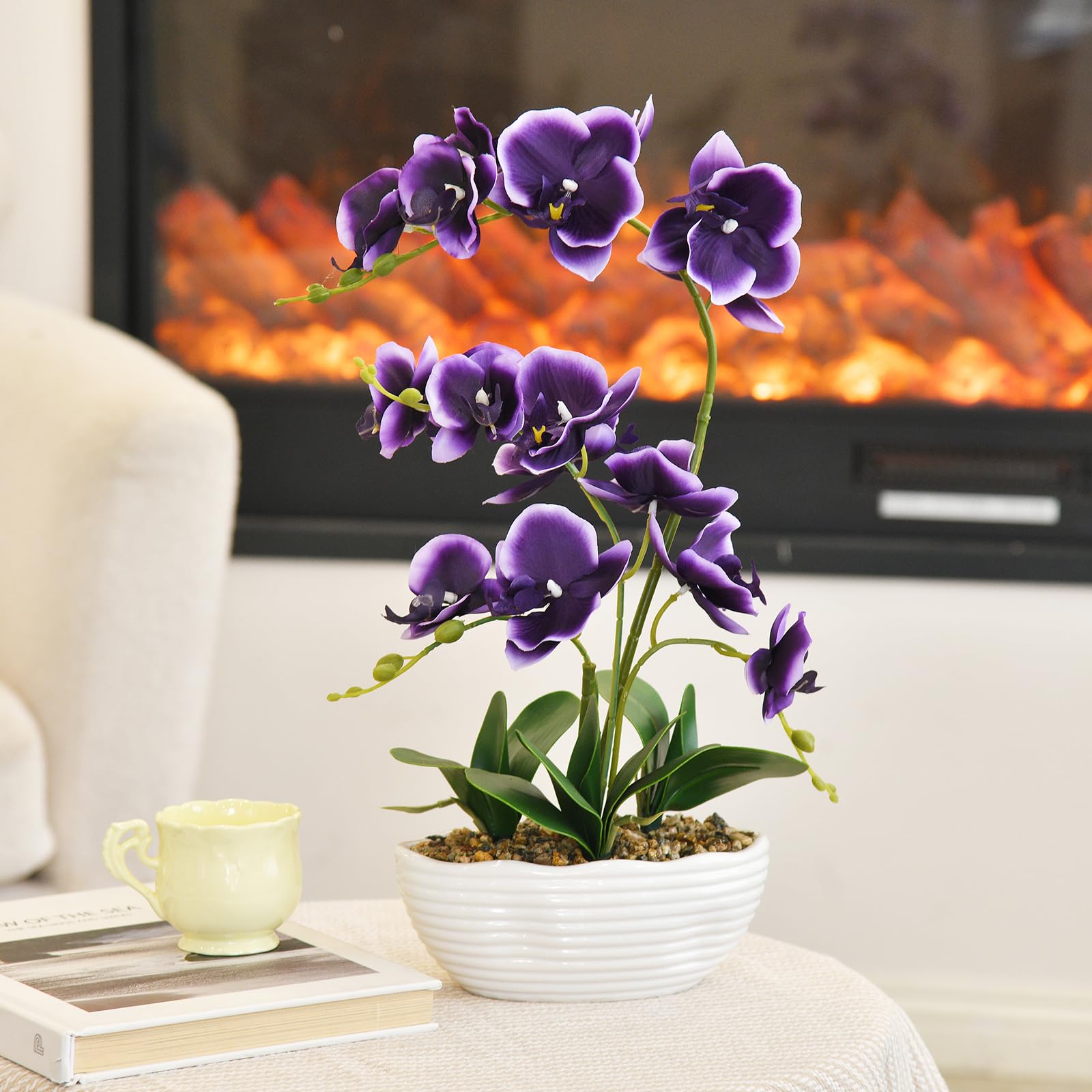 Künstliche Orchidee, Phalaenopsis, Seidenorchidee, Tafelaufsatz, künstliches Blumenarrangement im Keramiktopf (Dunkelviolett)