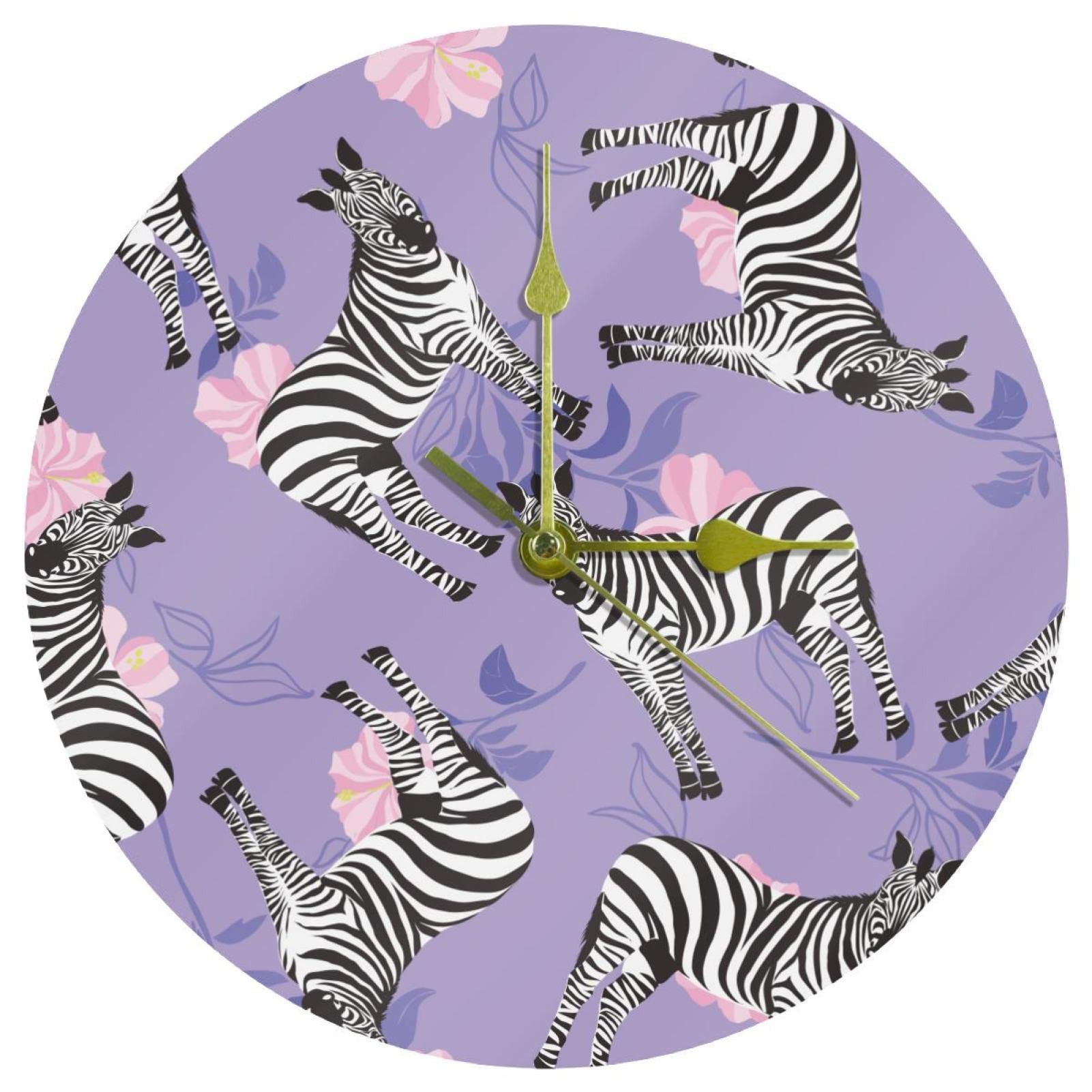 Horloge murale zèbre violette en acrylique ronde de 24 cm pour décoration de salon
