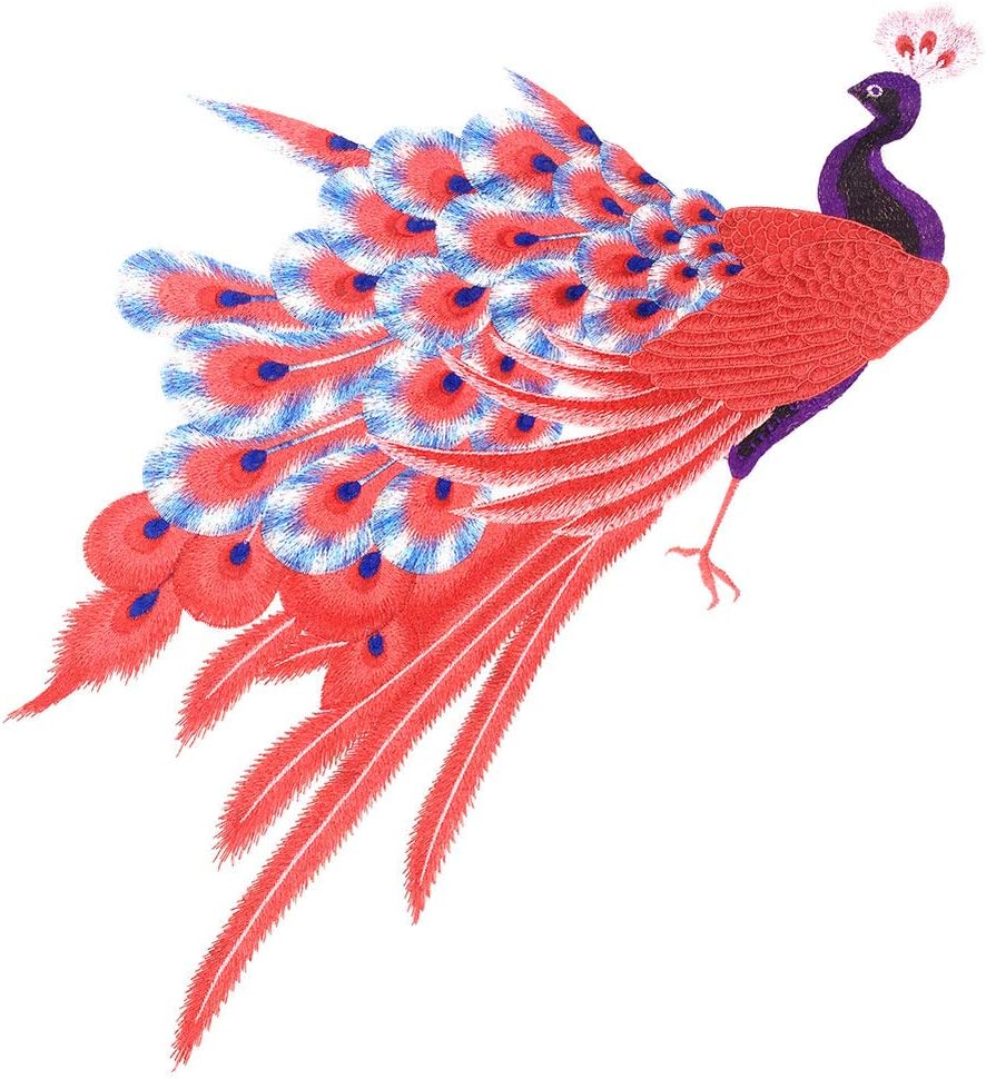 Sew On Peacock Embroidery Patch Lace Large Embroidered Applique Bird Patches for Clothing Parches Bordados Dress, Chi-pao DIY (red)