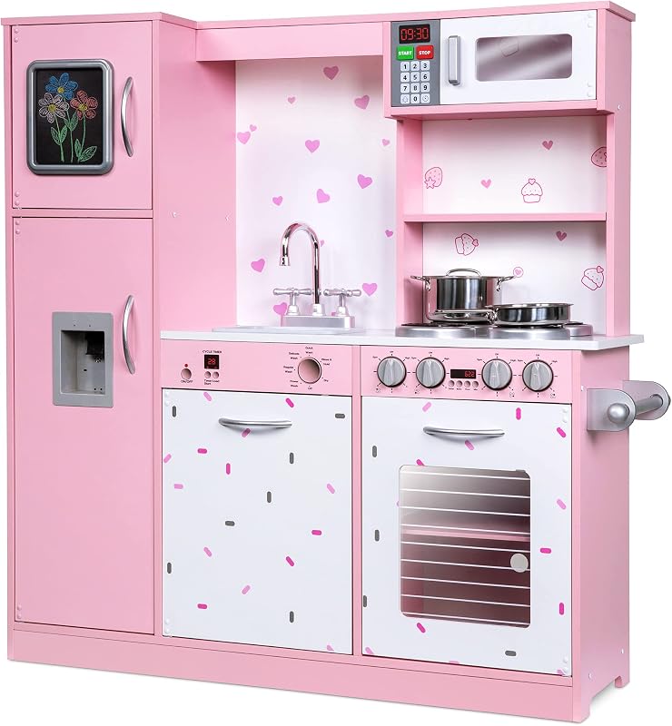 Lil' Jumbl Juego de cocina de madera, máquina de hielo y sonidos de microondas, rosa | Las perillas interactivas y la pizarra despiertan la diversión imaginativa en la cocina: una cocina de tamaño completo de 40 pulgadas de alto que los niños no superarán.