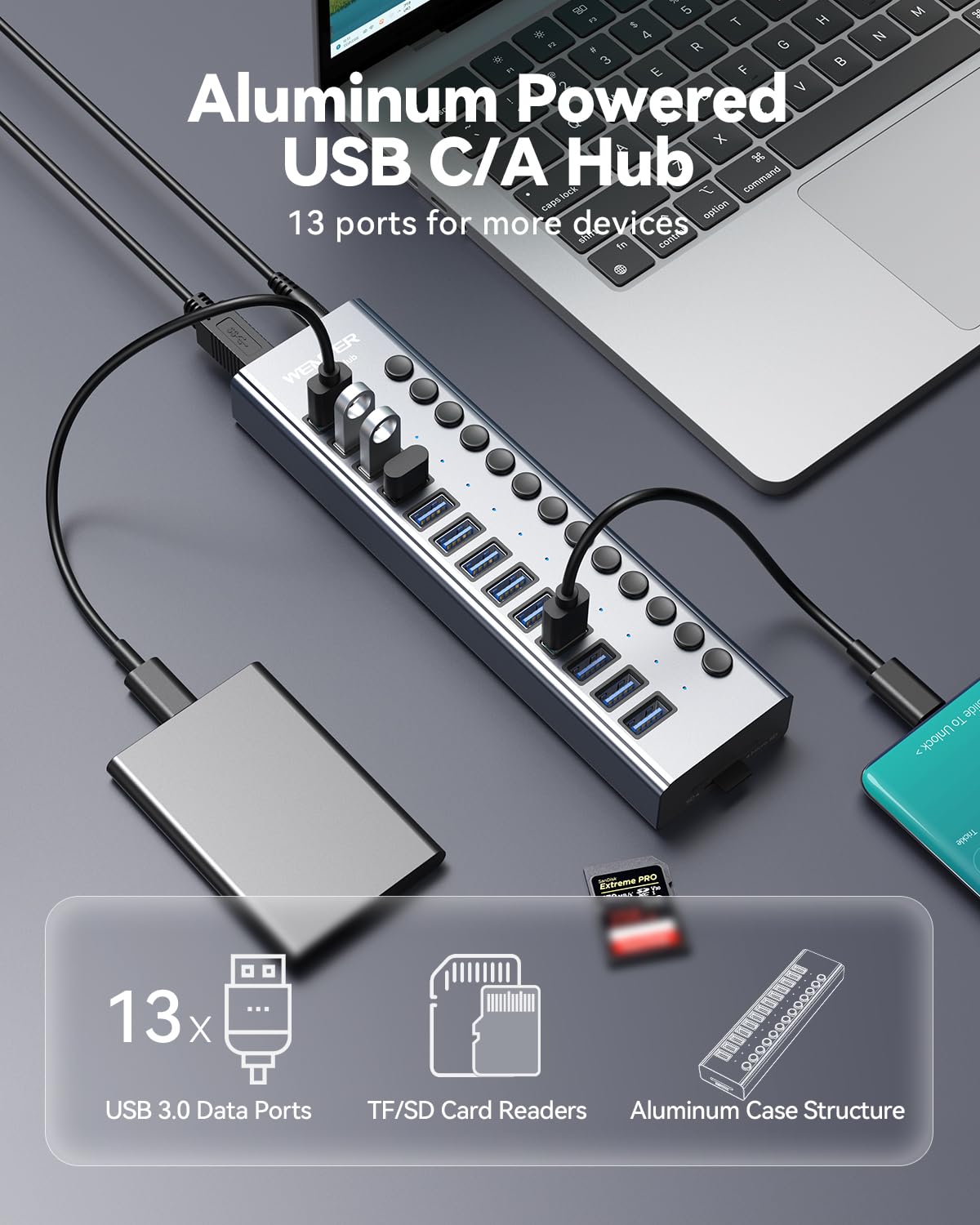 Hub USB 3.0 con alimentación, Wenter 13 puertos con lector de tarjetas SD/TF, divisor USB de aluminio con interruptores individuales de encendido/apagado, adaptador de corriente de 12 V/3 A de 36 W