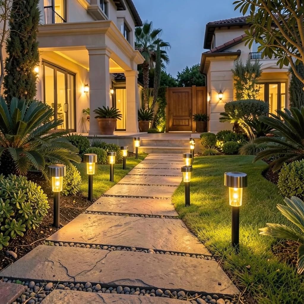 SkyAura LED Solar Landscape Pathway Lights Warm Yellow [Pack of 10] | Bright Outdoor Garden Lights | IP65 Waterproof Auto On/Off | Stainless Steel Stake Lights for Driveway Walkway Yard Lawn |-image-46