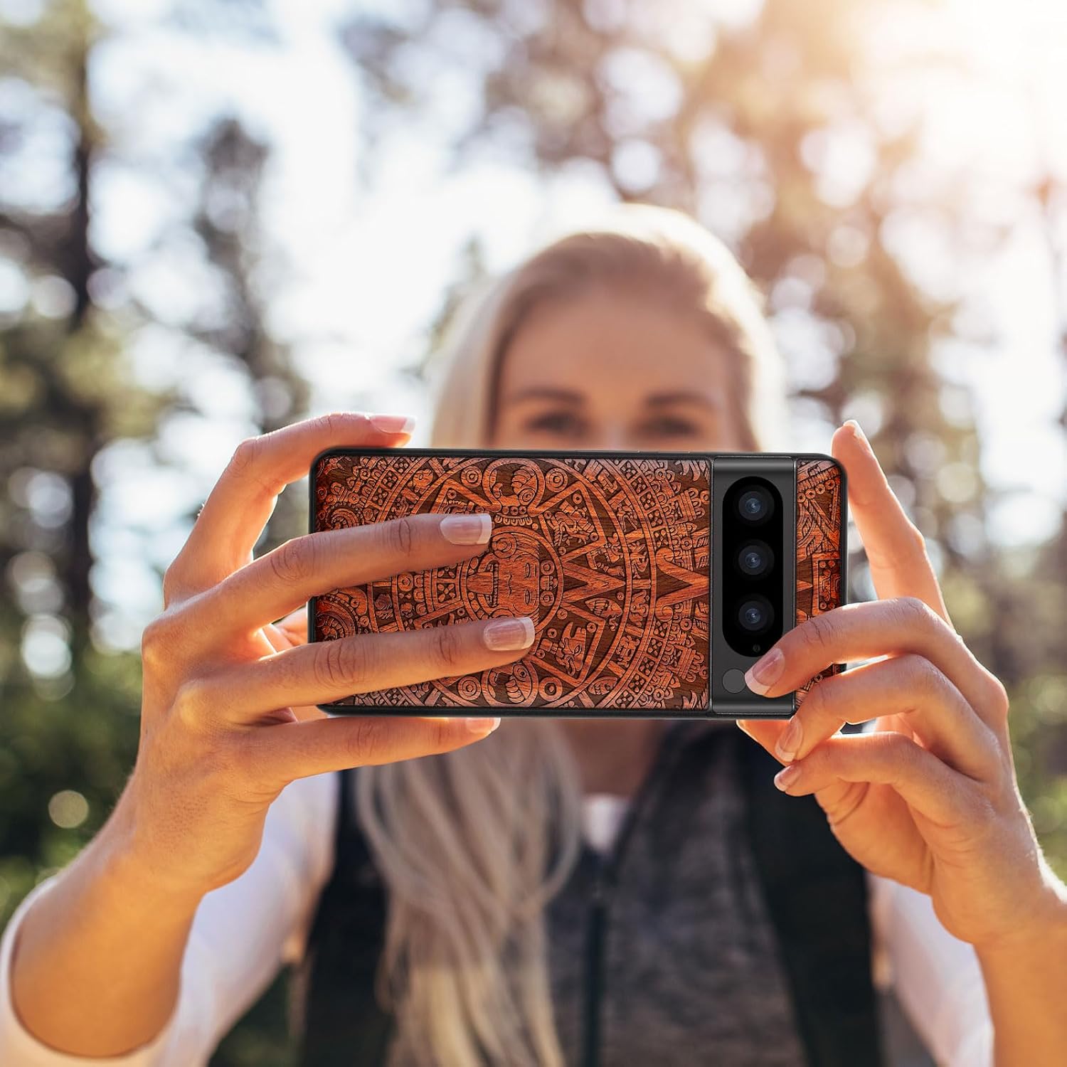 Carveit Wood Case for Pixel 8 Pro Case [Natural Wood & Black Soft TPU] Shockproof Protective Unique Wooden Cover Compatible with Google Pixel 8 Pro (Maya Calendar-Rosy)