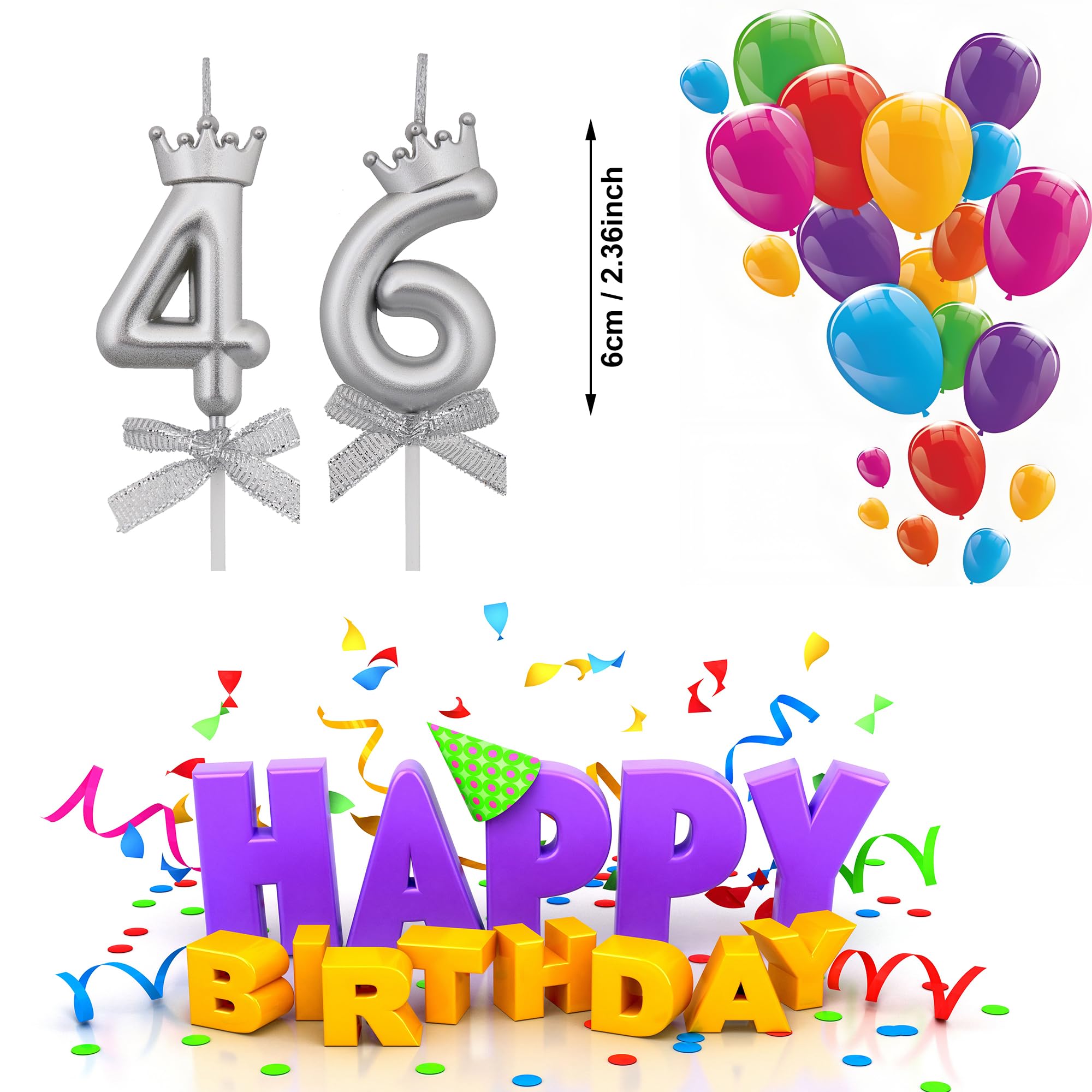 46 64 velas de cumpleaños, velas de pastel 46 y 64, velas plateadas con el número 46 y 64 velas para decoración de tartas para fiestas, hombres y mujeres