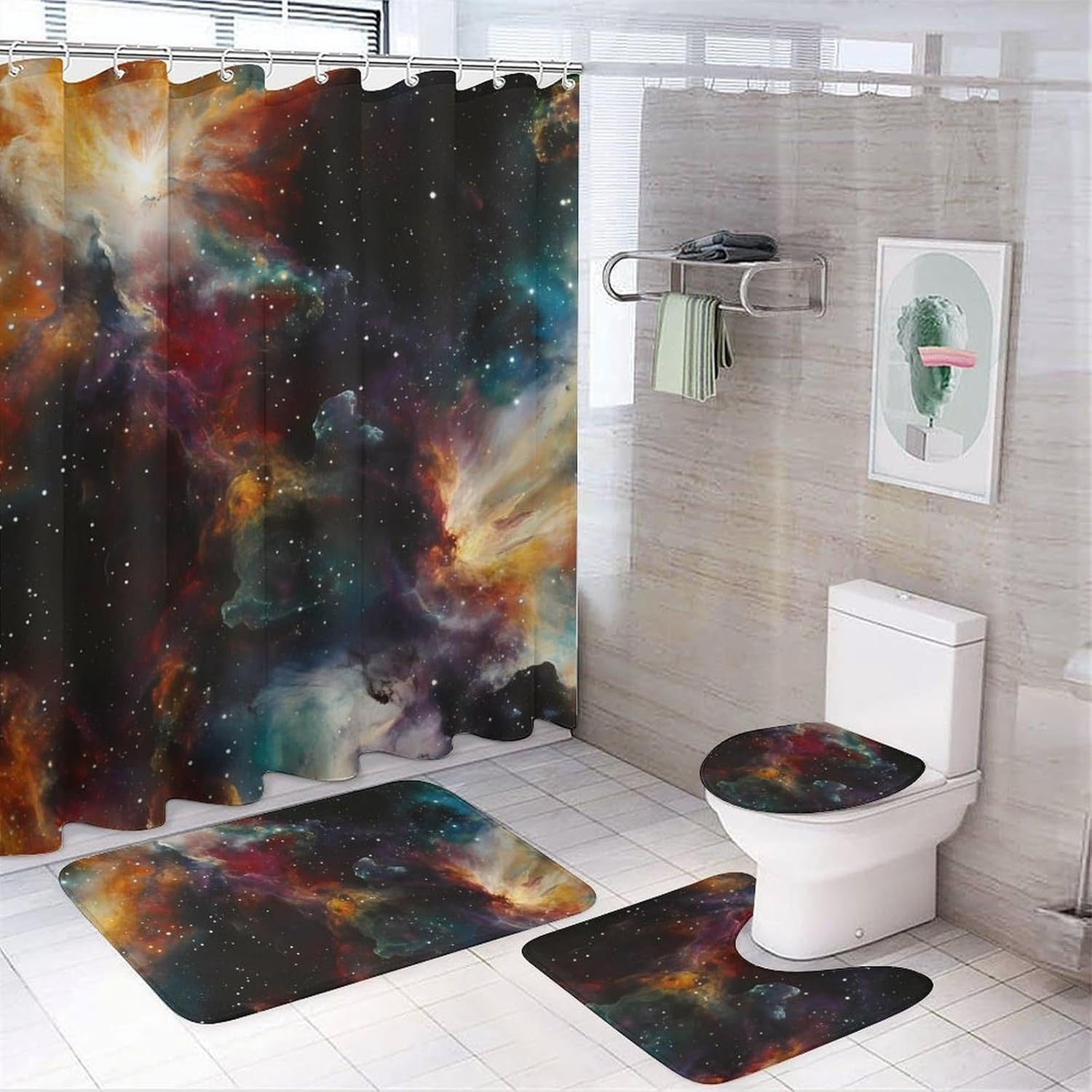 Fantasy Universes Starry Sky Galaxy Bathroom Sets with Shower Curtain and Rugs 4 Piece with U-Shaped Floor Mat Toilet Lid Cover