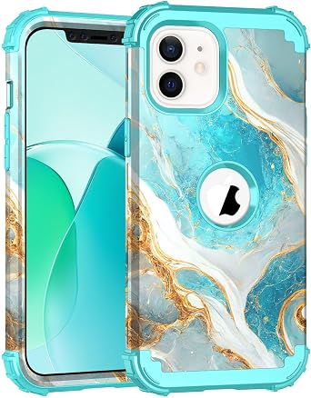 حافظة Hocase لهاتف iPhone 12/iPhone 12 Pro مقاس 6.1 بوصة 2020، حماية شديدة التحمل ومقاومة للصدمات، مصد مطاطي ناعم من السيليكون + حافظة حماية هجينة من البلاستيك الصلب - أزرق مخضر