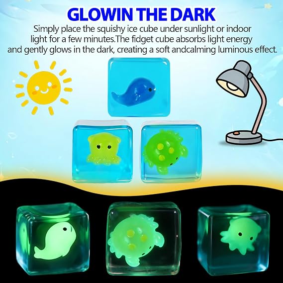 5.5cm 3 Pack Glow Squishy Cube Slow Rising Fidget Toys | Soft TPR, Animal Insert, squeeze toy, calm hands, stress relief, focus support, home, class, travel, kids and adults