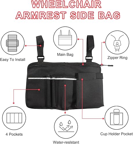 Miniatura 3 de Bolsa de almacenamiento grande para silla de ruedas, bolsa lateral para silla de ruedas, soporte para taza de andador para rodar, soporte universal