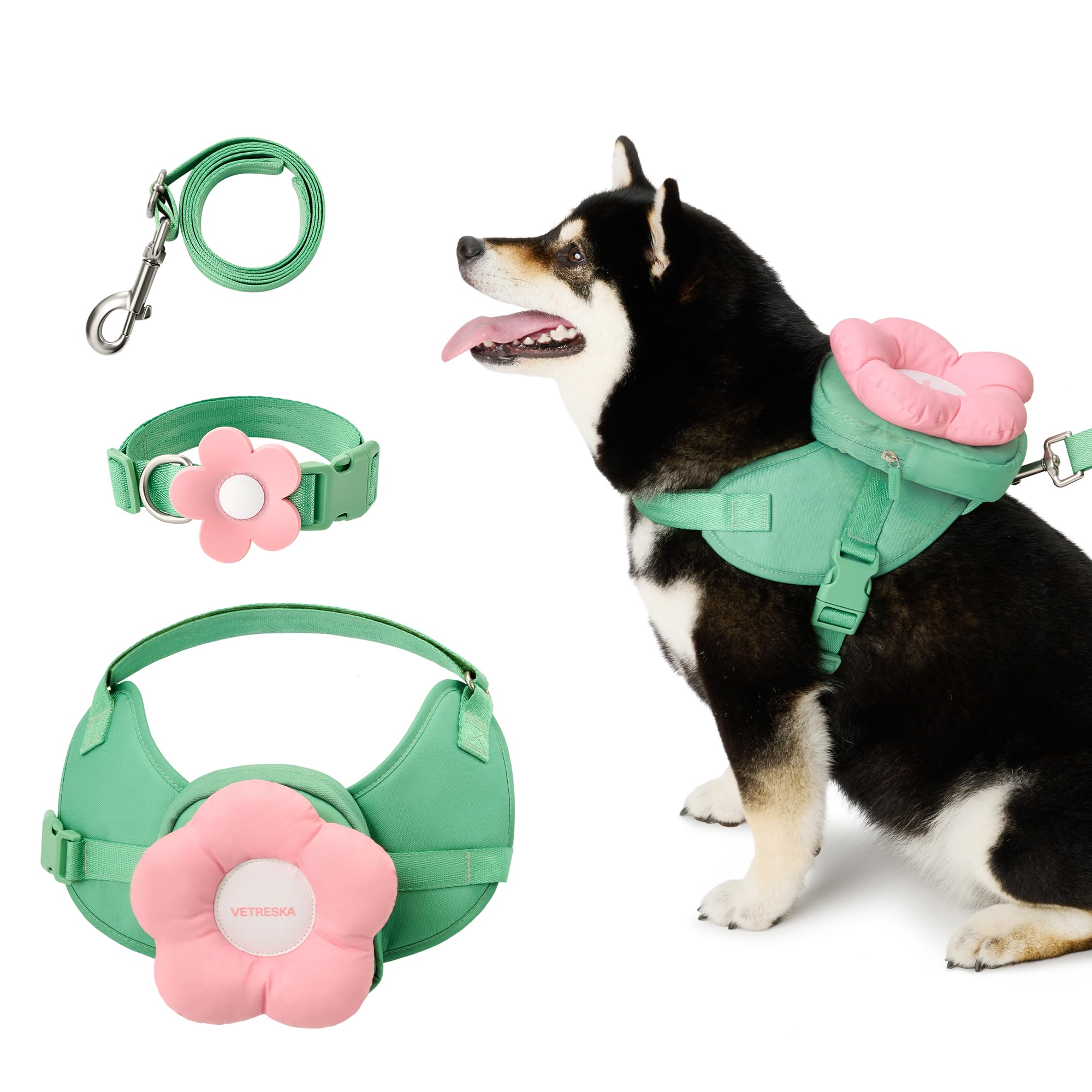 VETRESKA Flora Dog Harness, Leash and Collar Set, No Pull Dog Vest Harness for Walking and Training, Adjustable, Easy Control and Soft Padded Pet Harness and Backpack for Small Medium Large Dogs, S