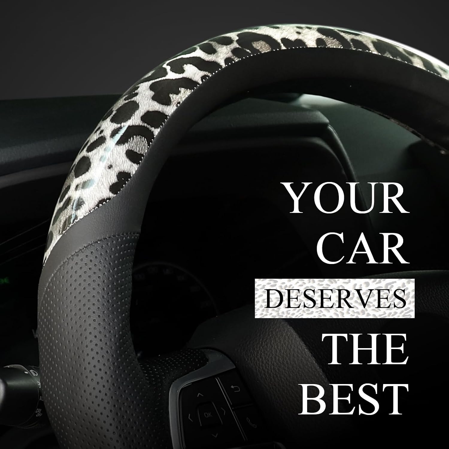 KAFEEK Leopard Steering Wheel Cover, Black and Gray Breathable Microfiber Leather Anti-Slip Car Steering Wheel Protector, Universal Fit 14.5-15 Inch, Cool Cheetah Print Auto Interior Accessories