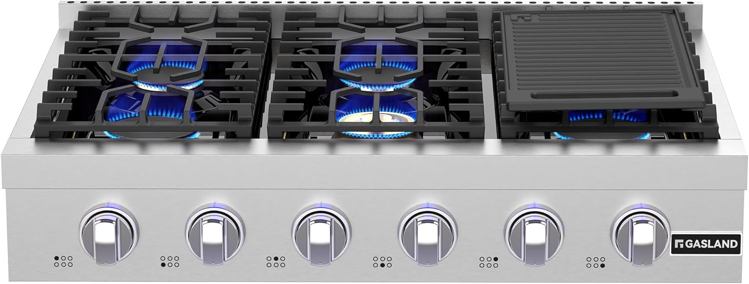 GASLAND 36 Inch Gas Cooktop 6 Burners With Griddle, Professional Natural Gas Rangetop, Slide-in NG Stovetop with Blue Indicator Lights, Re-ignition, 120V Plug-in