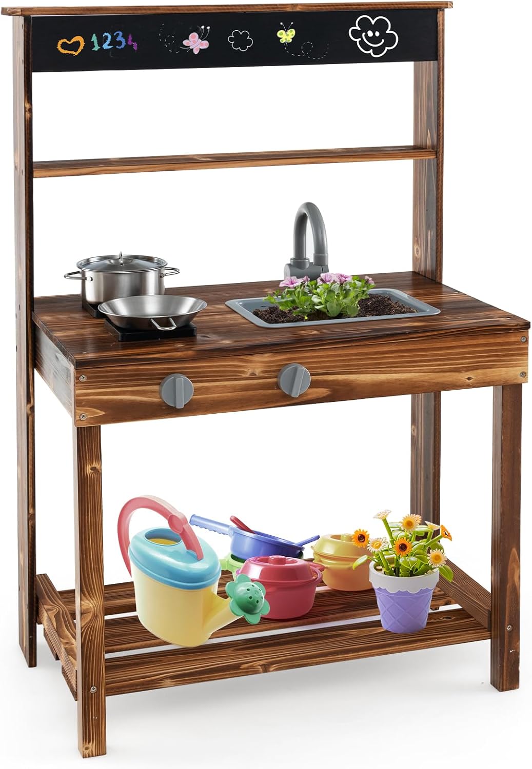 KOTEK Mud Kitchen for Kids, Fir Wood Outdoor Play Kitchen with 2 Stoves, Faucet & Sink, Blackboard, Cooking Accessories, Kids Mud Kitchen for Backyard Garden