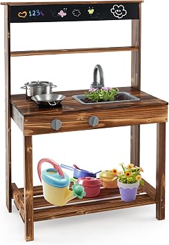 KOTEK Mud Kitchen for Kids, Fir Wood Outdoor Play Kitchen with 2 Stoves, Faucet & Sink, Blackboard, Cooking Accessories, Kids Mud Kitchen for Backyard Garden