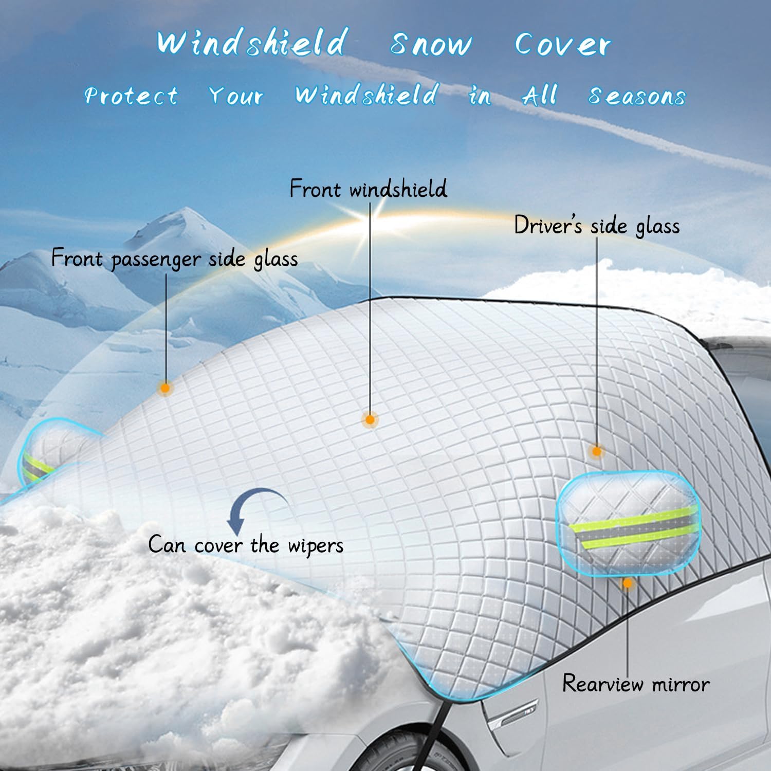 Car Magnetic Windshield Snow Cover, 5 Layers Thickening with Night Reflection Waterproof Windproof Protection,Snow,Ice,Sun,Frost Defense, Universal for SUV, Truck, Sedan, Van (Silver)