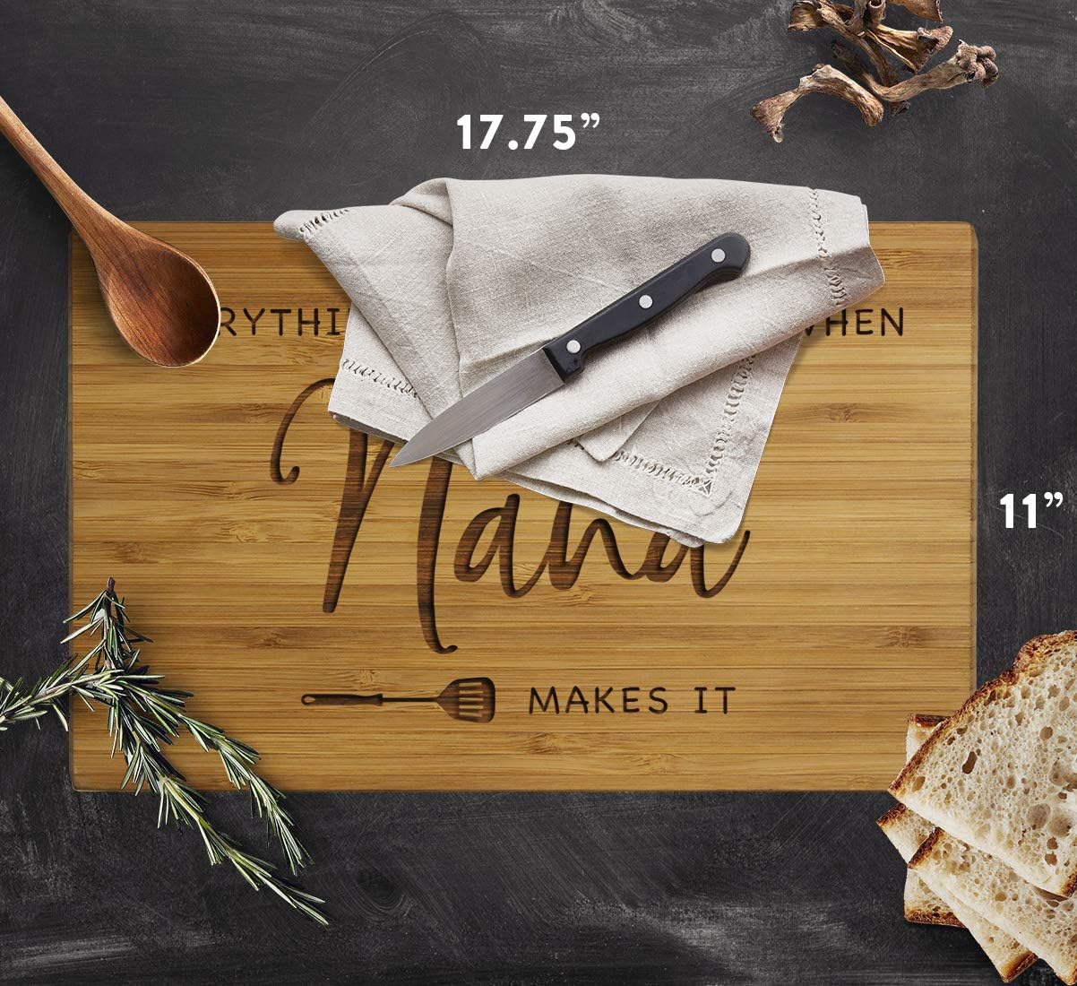 Andaz Press Large Bamboo Wood BBQ Cutting Board Gift, 17.75 x 11-inch, Everything Tastes Better When Nana Makes It, 1-Pack, Engraved Serving Chopping Board Christmas Birthday Chef Kitchen Ideas
