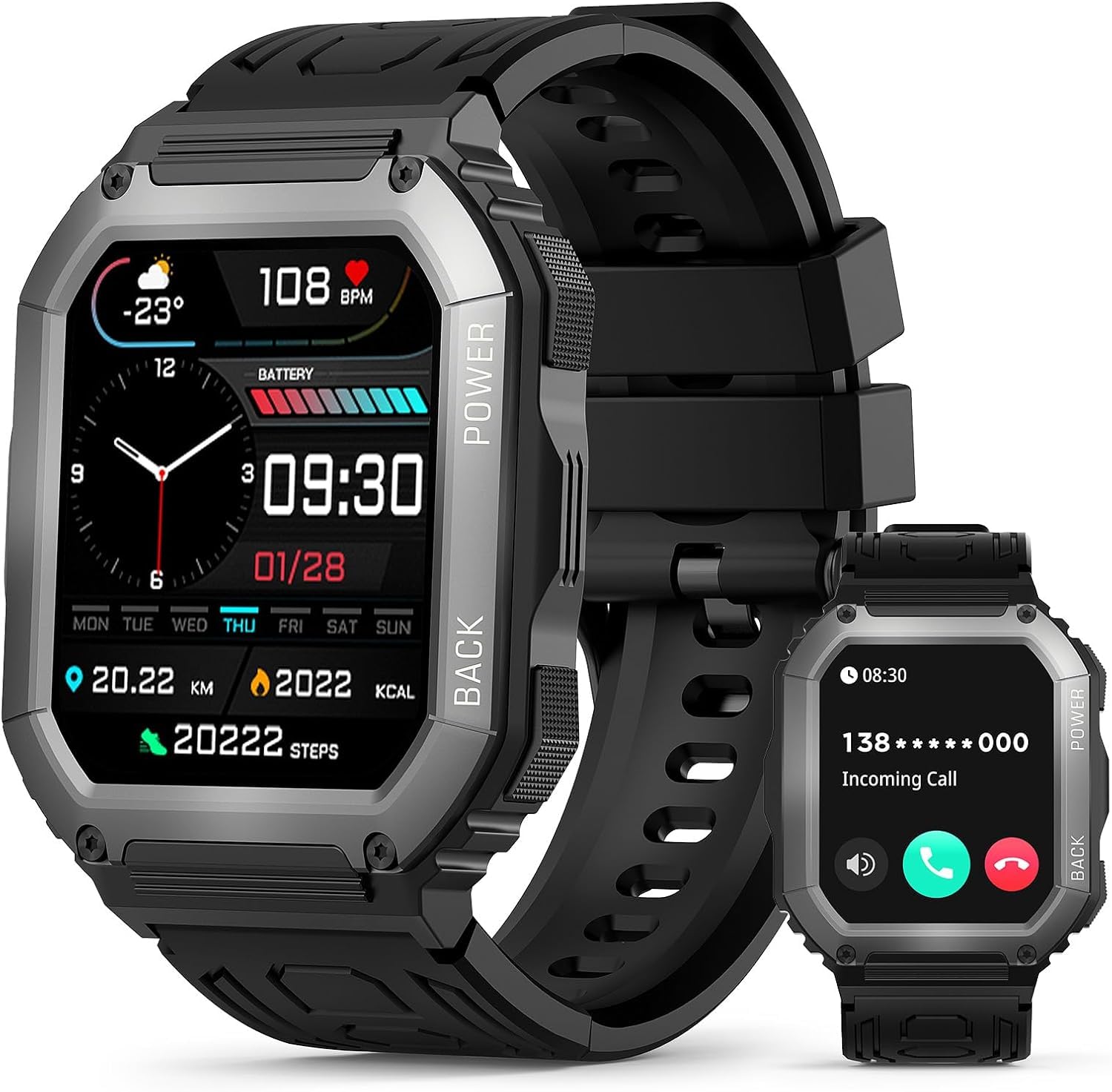 Smartwatch męski, ekran dotykowy o przekątnej 1,8", z funkcją telefonu, 100 + trybów sportowych, wodoszczelność IP68, zegarek sportowy, zegarek fitness z monitorem tętna, snu, krokomierzem