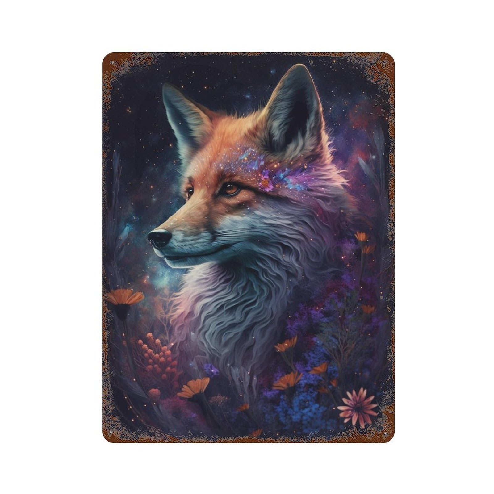 Magical Fox in Starry Garden 15.7"x11.8" Retro Metal Sign, Old School Wall Decor for Office, Studio And Wall Decor