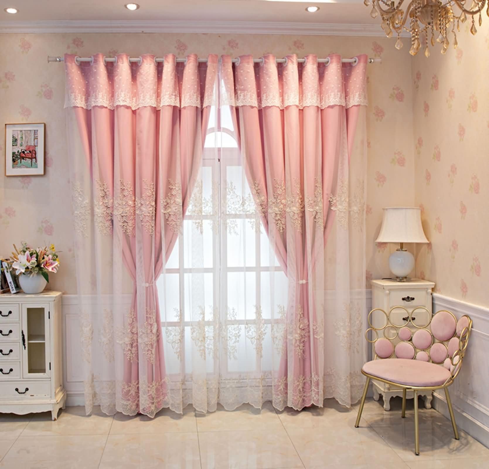 Zestaw 2 zasłon zaciemniających z przelotkami, dwuwarstwowa haftowana koronka i gładkie zasłony do sypialni salonu wewnętrzne różowe, 96 l x 214 cm
