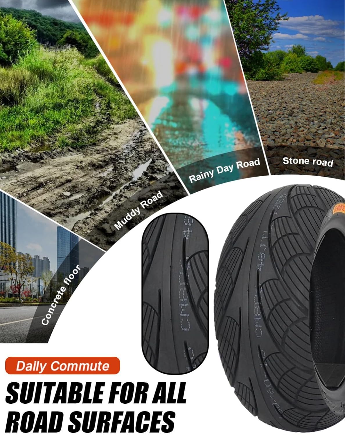 130/60-10 Tubeless Bike Tire for Front or Rear, 130/60/10 48J 225 KPA Replacement Street Neumático Tyre Fits on 10 Inch | Provides Reliable Traction