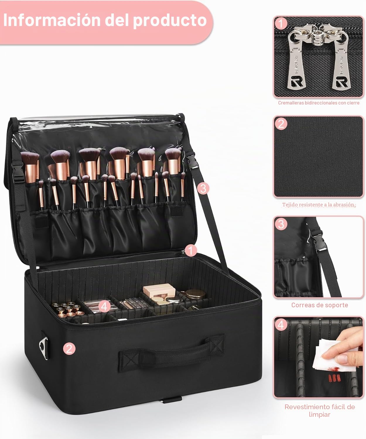 Maletín de maquillaje, organizador de cosméticos profesional con soporte para brochas, Negro , XXL, Fallow