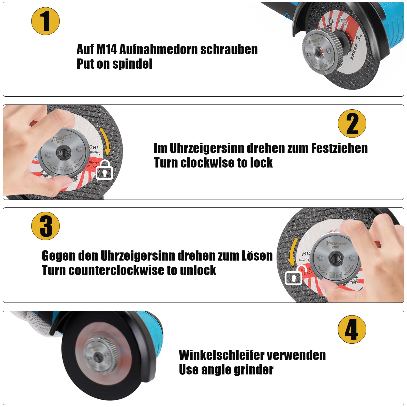 VIBRATITE 2 tuercas de sujeción rápida M14, tuerca de sujeción para todas las amoladoras angulares de AEG, Black & Decker, Dewalt, Flex, Hitachi, Metabo, Makita, etc., color plateado