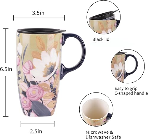 Miniatura 44 de Taza de café de cerámica para regalo con tapa de 17 onzas, taza de té alta de porcelana con asa para el hogar y la oficina, taza con diseño
