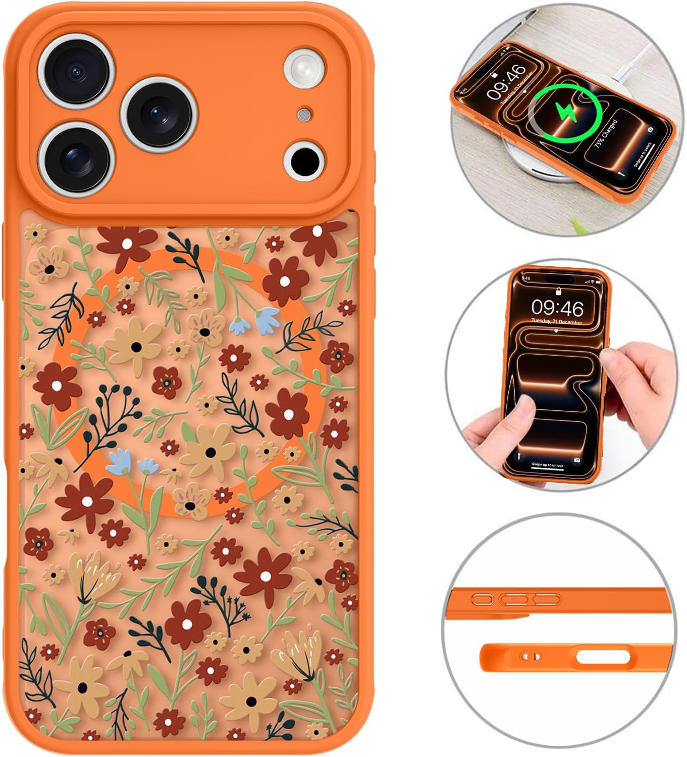 MZELQ Magnetic Case for iPhone 17 Pro Max 6.9 Inch, Red Floral [Compatible with Magsafe Charging] Translucent Matte Hard Shockproof Camera Protection Cover for Women Men, Frosted Orange