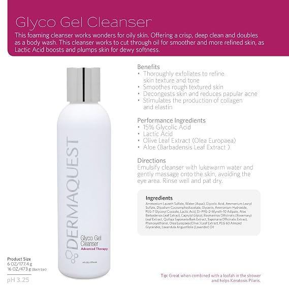DermaQuest Advanced Therapy Foaming Glyco Gel Based Cleanser with 15% Glycolic Acid & Lactic Acid - Deep Cleansing Daily Face Wash for Oily Skin and Papular Acne (6 oz)