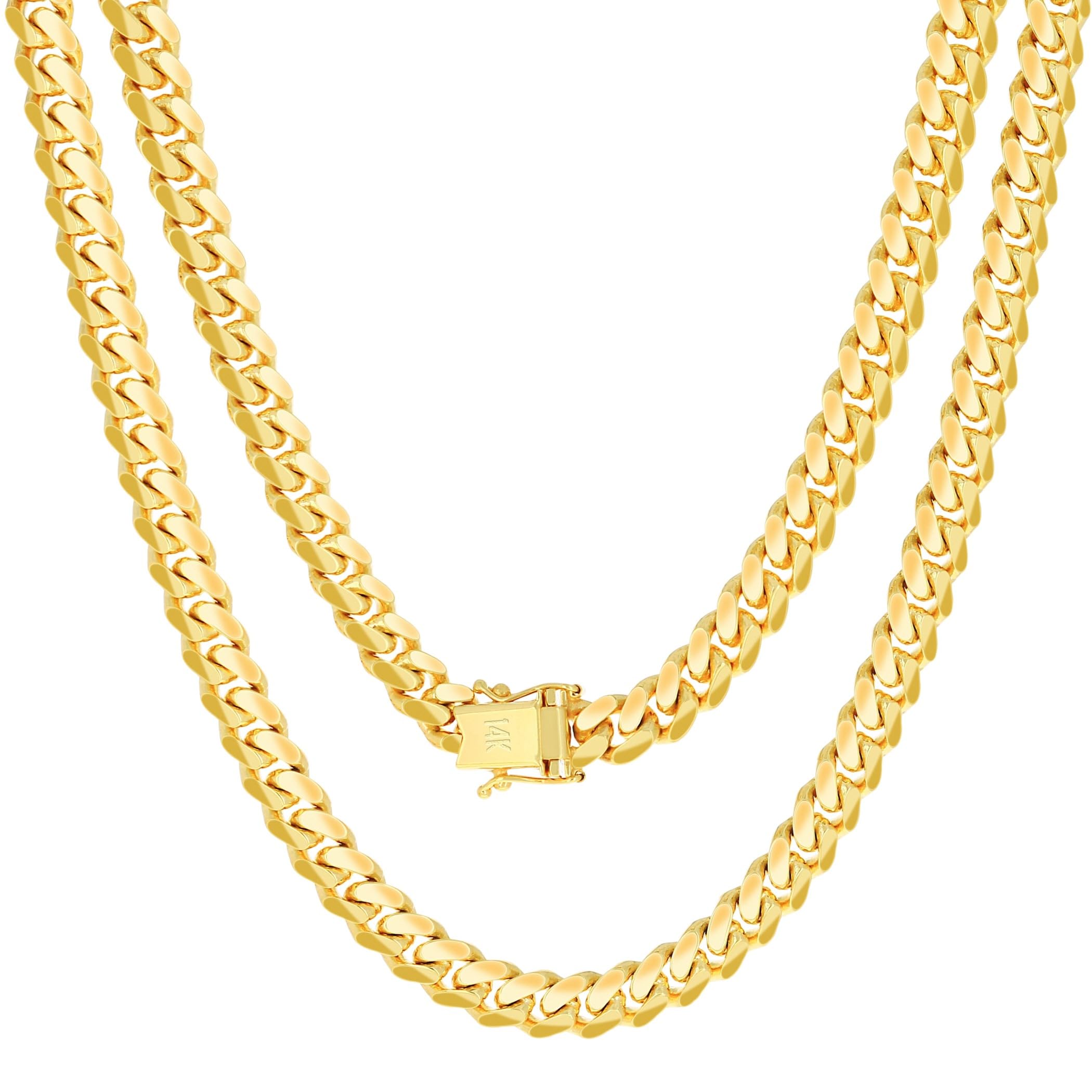 Nuragold 14k Yellow Gold 7mm Solid Miami Cuban Link Chain Necklace, Mens Jewelry Box Clasp 20" 22" 24" 26" 28" 30"